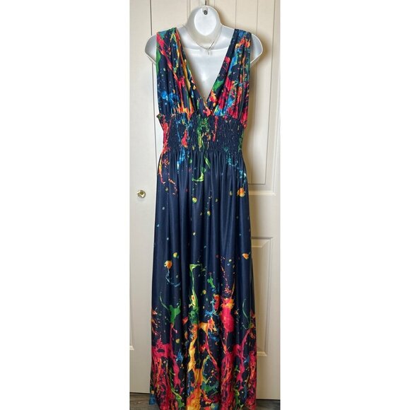 TianmeiHeyi Colorful Abstract Print Maxi Dress With V-Neck & Smocked Waist, 4XL - Picture 6 of 10